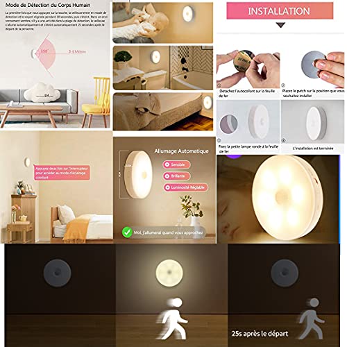 Luz de noche LED Lámpara de pared recargable por USB con sensor de movimiento,iluminación con batería de litio para armario,dormitorio,armario de pared,pasillo,etc.(1 luz cálida)