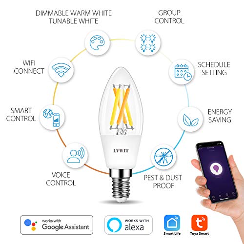 LVWIT Bombillas Inteligente LED Vela Filamento WiFi Regulable 4.5W 470 LM, Lámpara E14 Bombilla Funciona con Alexa, Google Home Assistant y App Smart Life/Tuya, C35 Equivalente a 40W, 2 Pcs.