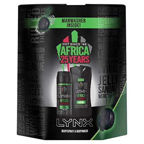 Lynx Africa, juego de regalo de lavamanos para lavadora, esponja de ducha, exfoliante corporal exfoliante para el puf, esponja de baño con desodorante y gel de ducha