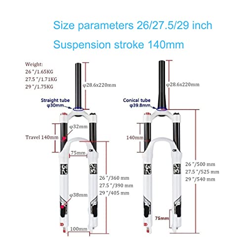 LYYCX Horquilla de Bicicleta de Montaña 26 27,5 29 Inch, MTB Aleación de Magnesio Recorrido 140mm Amortiguador 1-1/8"Bloqueo Manual/Control Remoto Accesorios de Bicicleta QR Freno de Disco de 9mm