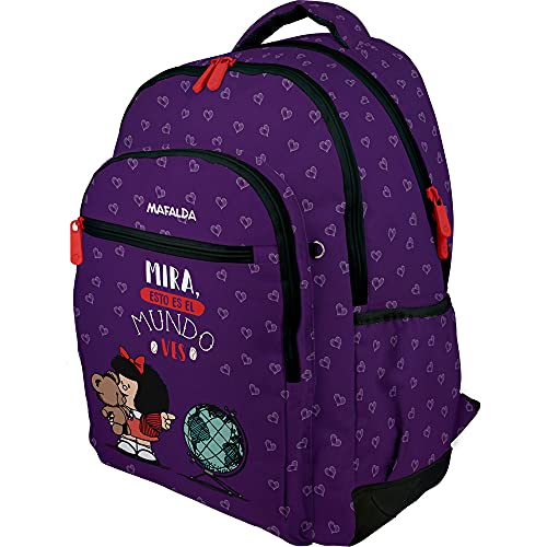 Mafalda 37500193. Mochila Escolar, Colección Mundo, Compartimento Acolchado para Portátil, 33x46x22,5cm, Violeta