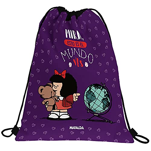 Mafalda 37610585. Mochila Saco, Colección Mundo, Cierre Cuerdas, Bolsillo Exterior, 36x47cm, Violeta