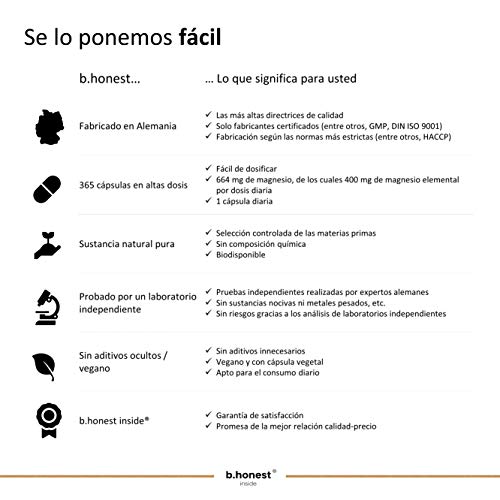 Magnesio - 365 cápsulas para 12 meses - 664 mg, de los cuales 400 mg de magnesio puro (elemental) por cápsula - Vegano, alta dosis, probado en laboratorio, fabricado en Alemania