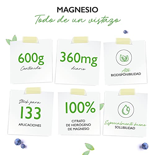 Magnesio puro - 600 g de polvo (suministro para 4,3 meses) - Polvo puro sin aditivos - Vegano