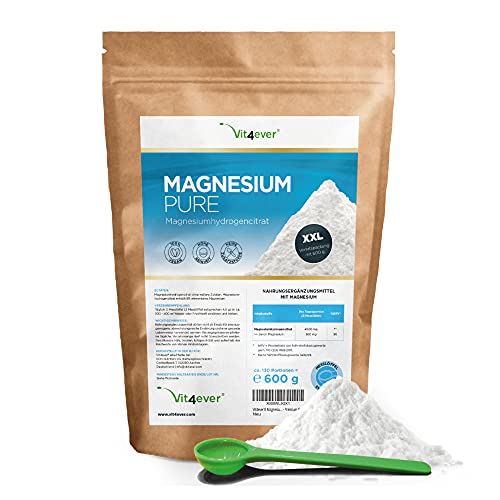Magnesio puro - 600 g de polvo (suministro para 4,3 meses) - Polvo puro sin aditivos - Vegano