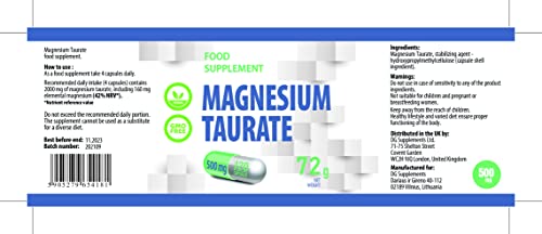 Magnesio Taurato 2000mg por dosis 120 cápsulas veganas, puro, sin rellenos