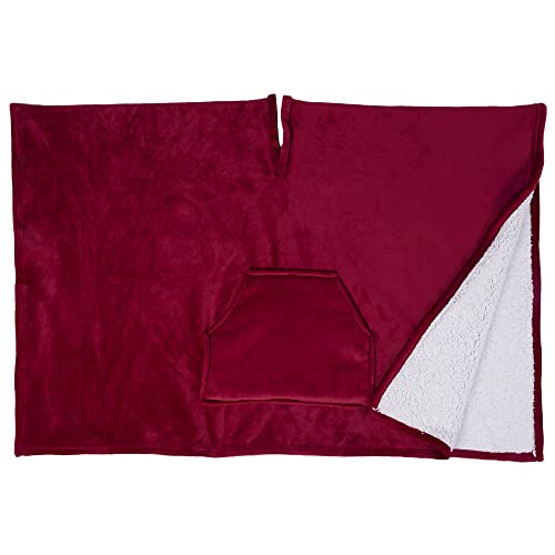 Manta- Poncho Polar para los días fríos del Invierno de Franela con Interior Sherpa con Bolsillo Frontal para el móvil y/o el Mando de la Tele | Talla única 130x170 cm, Color Rojo