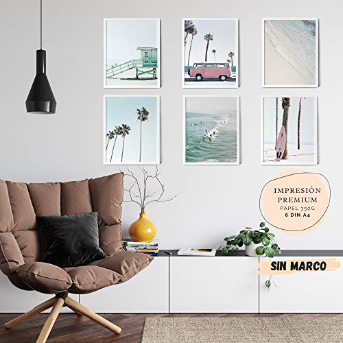 Mapa Mundi Láminas Decorativas para salón, Comedor, habitación, Dormitorio, Pasillo. Set de 6 Posters Modernos DIN A4. Sin Marco. (Surf 1)