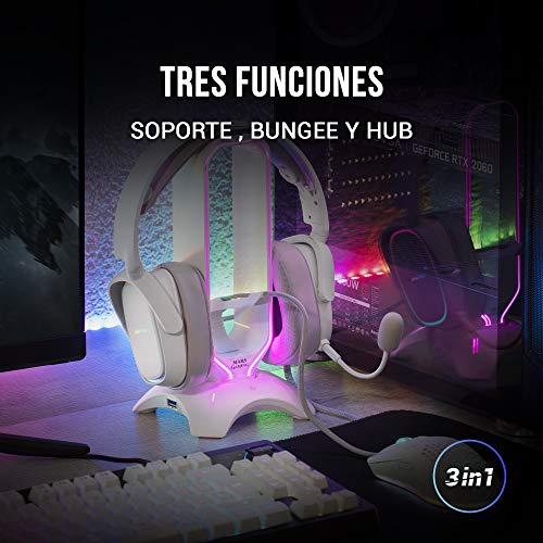 Mars Gaming MHHPRO, Soporte Cascos Gaming con HUB 2xUSB y Bungee Ratón, Blanco