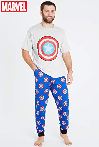 Marvel Pijama Hombre Verano, Ropa Hombre de Algodon, Conjunto de 2 Piezas con Estampado del Escudo Capitan America, Regalos para Hombre y Chico Adolescente (L)