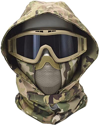 Máscara de Airsoft táctica Militar CS Protectora Paintball Capucha de Modo Dual con máscara de Red de Airsoft de Media Cara Plegable con Gafas