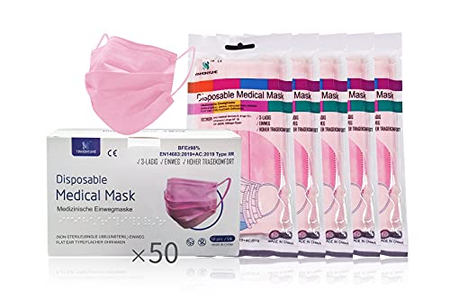 Mascarilla Quirúrgica Desechable Homologada, 50 Unidades, Color Rosa Pastel, CE BFE ≥98%, EN 14683:2019+AC:2019 Type IIR