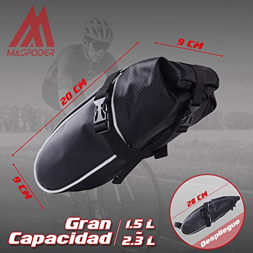 MASPODER Bolsa Sillin Bicicleta, Gran Capacidad Máxima 2,3L Impermeable Profesional Bolsa Herramientas, Ciclismo Accesorios para MTB Bici Carretera Montaña (Pro 01 Negro)