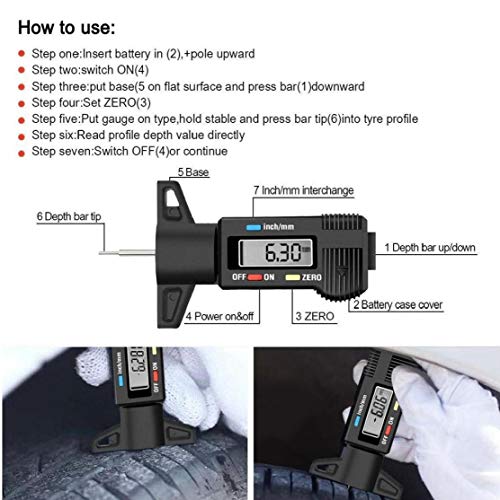 Medición de profundidad digital de la profundidad del neumático pie de rey medidores de espesor de neumáticos con pantalla LCD de Coches Negro