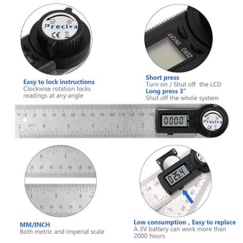 Medidor de angulos digital, Preciva medidor angulos,medición de 0-400 mm y 000.0 °-999.9 °
