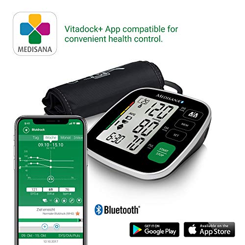 medisana BU 546 connect Tensiómetro de brazo, medición precisa de la presión arterial y el pulso con función de memoria y aplicación Bluetooth, escala de semáforo, visualización de latidos irregulares