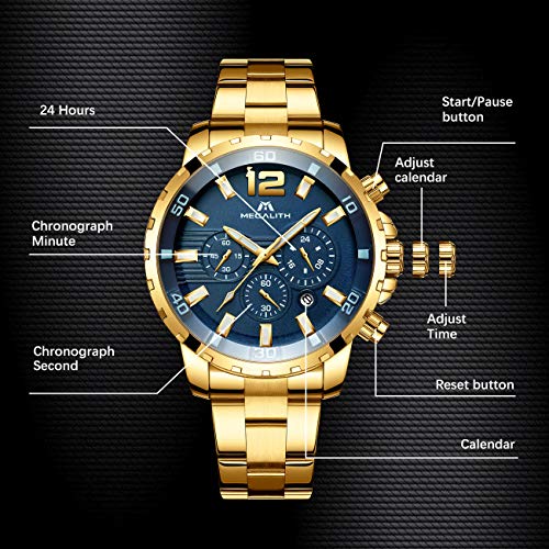 MEGALITH Reloj Hombre Dorados Acero Inoxidable Relojes Esfera Grande Azul Relojes de Pulsera Cronografo Analogico Impermeable Luminoso Fecha