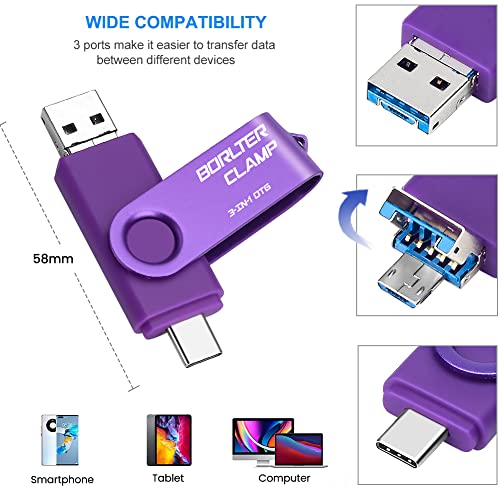Memoria USB 3.0 de 64 GB Unidad Flash 3 en 1 para Teléfonos Android, BorlterClamp Pendrive OTG Memory Stick con 3 Puertos (USB C/microUSB/USB 3.0) para Samsung Galaxy, PC y Más (Púrpura)