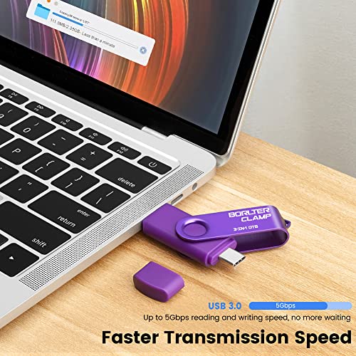 Memoria USB 3.0 de 64 GB Unidad Flash 3 en 1 para Teléfonos Android, BorlterClamp Pendrive OTG Memory Stick con 3 Puertos (USB C/microUSB/USB 3.0) para Samsung Galaxy, PC y Más (Púrpura)