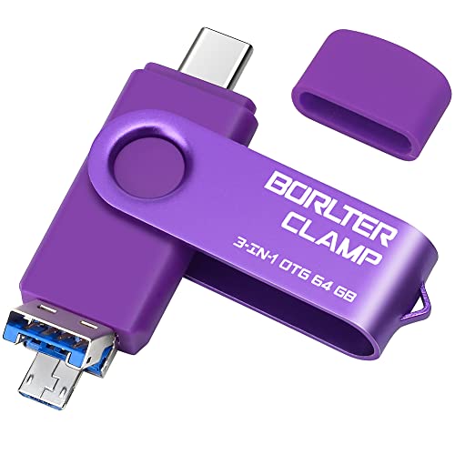 Memoria USB 3.0 de 64 GB Unidad Flash 3 en 1 para Teléfonos Android, BorlterClamp Pendrive OTG Memory Stick con 3 Puertos (USB C/microUSB/USB 3.0) para Samsung Galaxy, PC y Más (Púrpura)