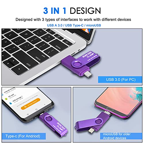 Memoria USB 3.0 de 64 GB Unidad Flash 3 en 1 para Teléfonos Android, BorlterClamp Pendrive OTG Memory Stick con 3 Puertos (USB C/microUSB/USB 3.0) para Samsung Galaxy, PC y Más (Púrpura)