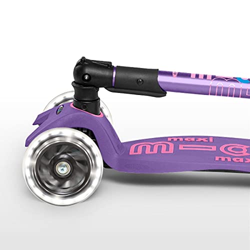 Micro® Maxi Deluxe Plegable LED, Patinete 3 Ruedas, 5-12 Años, Peso 2,5kg, Carga Máx 70Kg, Altura 67-91 cm, Plataforma Antideslizante Polipropileno (Flexible, Alta Resistencia) (Morado)