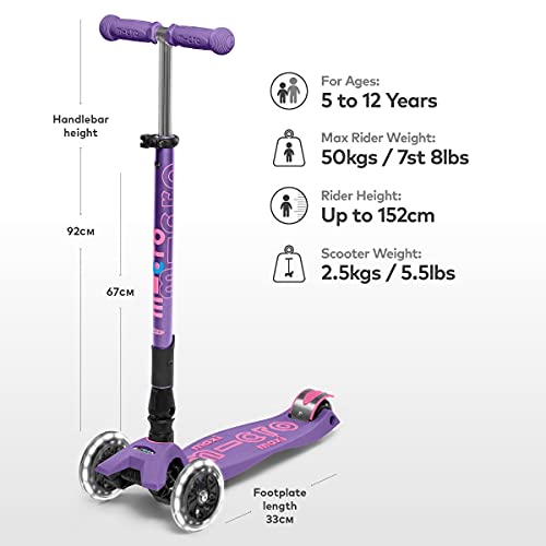 Micro® Maxi Deluxe Plegable LED, Patinete 3 Ruedas, 5-12 Años, Peso 2,5kg, Carga Máx 70Kg, Altura 67-91 cm, Plataforma Antideslizante Polipropileno (Flexible, Alta Resistencia) (Morado)