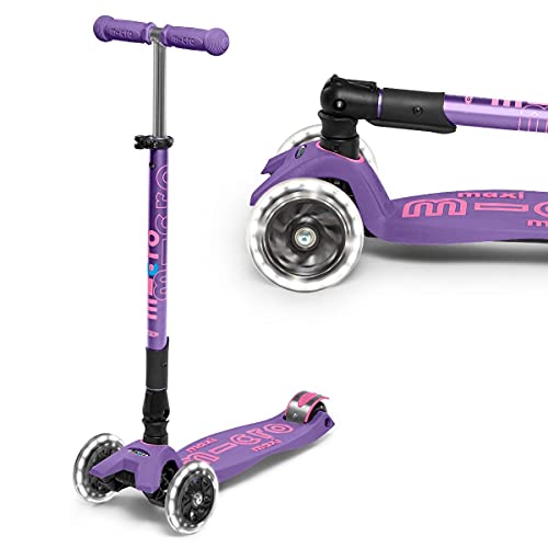 Micro® Maxi Deluxe Plegable LED, Patinete 3 Ruedas, 5-12 Años, Peso 2,5kg, Carga Máx 70Kg, Altura 67-91 cm, Plataforma Antideslizante Polipropileno (Flexible, Alta Resistencia) (Morado)