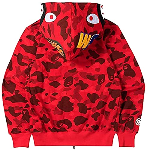 MINIDORA Bape Sudadera con Capucha para Hombre con 3D Estampado de tiburón de Camuflaje Manga Larga Trendy Pullover L,Rojo