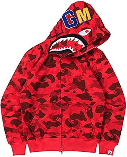 MINIDORA Bape Sudadera con Capucha para Hombre con 3D Estampado de tiburón de Camuflaje Manga Larga Trendy Pullover L,Rojo