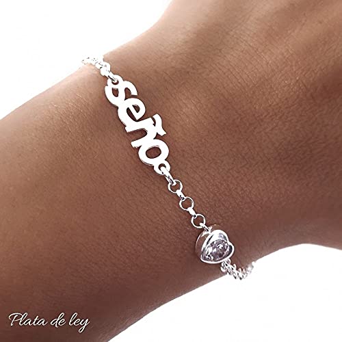 Minoplata Pulsera de Plata de ley con corazón Circonita para la seño preciosa para regalos de profesoras y maestras de infantil, primaria. Será un recuerdo para siempre