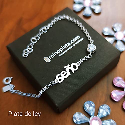 Minoplata Pulsera de Plata de ley con corazón Circonita para la seño preciosa para regalos de profesoras y maestras de infantil, primaria. Será un recuerdo para siempre