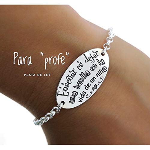 Minoplata Pulsera para maestras de Plata de Ley 925 con Mensaje Grabado Enseñar es Dejar Huella Ideal si Quieres hacerle Fin de Curso