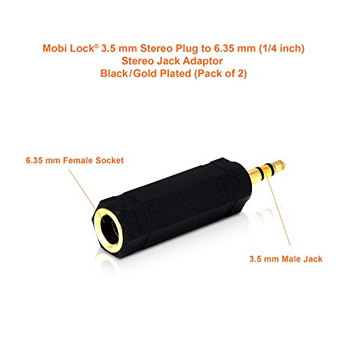 Mobi Lock Adaptador Estéreo de Macho a Hembra con Base Dorada de 3,5 mm (1/8 Pulgadas) a 6,3mm (1/4 Pulgadas) y Audio Conector (Set de 2)