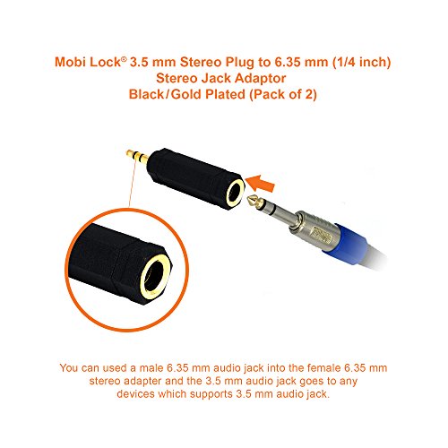 Mobi Lock Adaptador Estéreo de Macho a Hembra con Base Dorada de 3,5 mm (1/8 Pulgadas) a 6,3mm (1/4 Pulgadas) y Audio Conector (Set de 2)