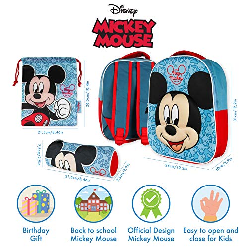 Mochila Infantil 3D, Estuche Escolar y Bolsa Merienda de Cuerdas – Mickey Mouse | Mochilas Escolares para Niños y Niñas de 3 Años | Material Escolar Vuelta al Cole de Mickey Mouse