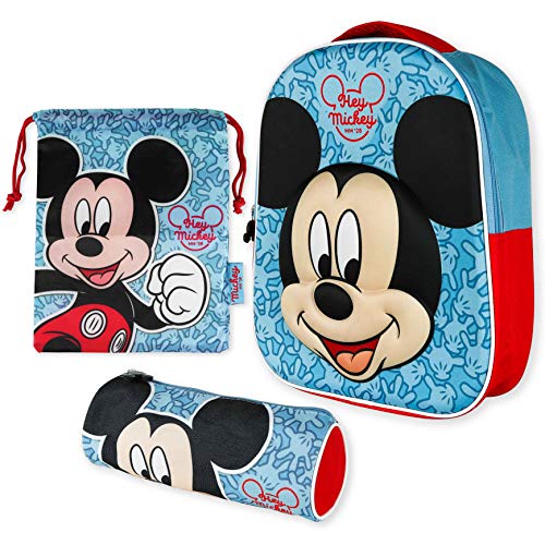 Mochila Infantil 3D, Estuche Escolar y Bolsa Merienda de Cuerdas – Mickey Mouse | Mochilas Escolares para Niños y Niñas de 3 Años | Material Escolar Vuelta al Cole de Mickey Mouse