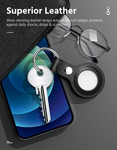 MoKo [2 PZS Funda Protectora para AirTags 2021 Key Finder, Soporte de Rastreador de Cuero Auténtico con Llavero, Cubierta de Protección para AirTags 2021 Bluetooth Tracker, Negro + Marrón