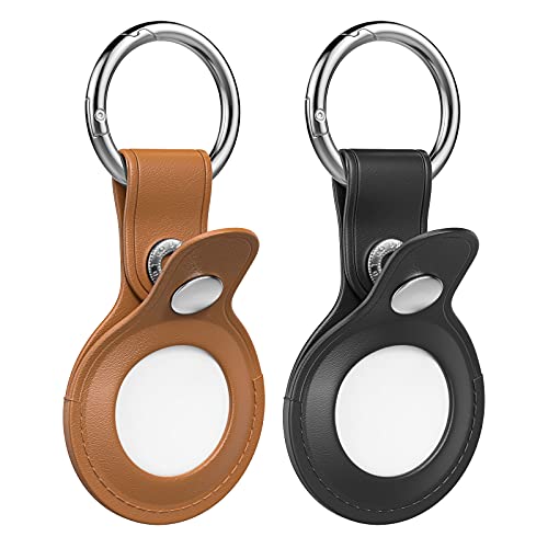 MoKo [2 PZS Funda Protectora para AirTags 2021 Key Finder, Soporte de Rastreador de Cuero Auténtico con Llavero, Cubierta de Protección para AirTags 2021 Bluetooth Tracker, Negro + Marrón