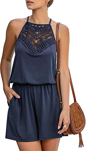 Mono Señoras Consejos Playsuit Corta Elegante Casual De Verano Modernas Einfabrig Mangas Halter Mono del Puente del Mameluco (Color : Navy Blau, One Size : XXL)