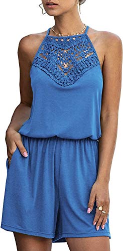 Mono Señoras Consejos Playsuit Elegante Corta De Verano Einfabrig Mangas Ropa Fiesta Halter Mono del Puente del Mameluco (Color : Blau, One Size : XL)