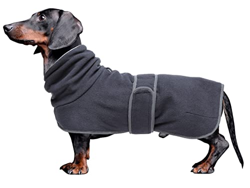 MOREZI Abrigo de Invierno para Perros, Forro Polar, Cuello Alto Plegable, con Hebilla de Hook Loop Ajustable, Apto para Perros pequeños y medianos como los Perros Salchicha-Gris Oscuro-L