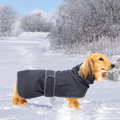 MOREZI Abrigo de Invierno para Perros, Forro Polar, Cuello Alto Plegable, con Hebilla de Hook Loop Ajustable, Apto para Perros pequeños y medianos como los Perros Salchicha-Gris Oscuro-L