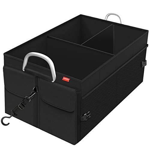 MORROLS Organizador Maletero Coche Caja, Plegable Impermeable Bolsa Maletero Coche Organizador Coche con Mango de Metal, 3 Compartimentos, (Negro)