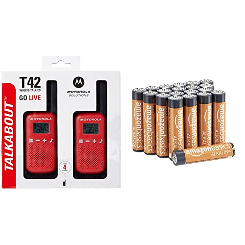 Motorola T42 Red - Walkie Talkie Pmr446, 16 Canales, Alcance 4 Km, Rojo, 2 Unidades + Amazon Basics - Pilas Alcalinas AAA De 1,5 Voltios, Gama Performance, Paquete De 20 (El Aspecto Puede Variar)