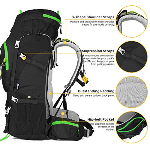 MOUNTAINTOP 50/60L Mochila de Senderismo Gran Capacidad Mochila de Montaña Impermeable para Viaje Camping Deporte al Aire Libre (Negro-60L)