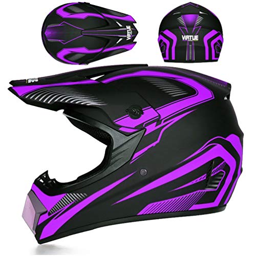 MRDEAR Casco Motocross Hombre, Casco de Cross Adulto Protecciones Motocross con Gafas Máscara Guantes Red Elástica Casco Enduro para Descenso MX Quad Off Road ATV Scooter, Negro y Morado,M