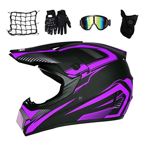 MRDEAR Casco Motocross Hombre, Casco de Cross Adulto Protecciones Motocross con Gafas Máscara Guantes Red Elástica Casco Enduro para Descenso MX Quad Off Road ATV Scooter, Negro y Morado,M