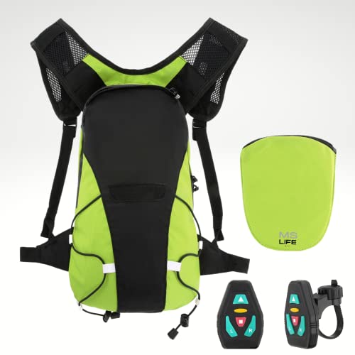 MS Life - Mochila reflectante, ligera, 5 l, USB recargable, indicador de dirección de la señal, inalámbrica, LED para hacer bicicleta de noche, impermeable, bicicleta o patinete., verde, L