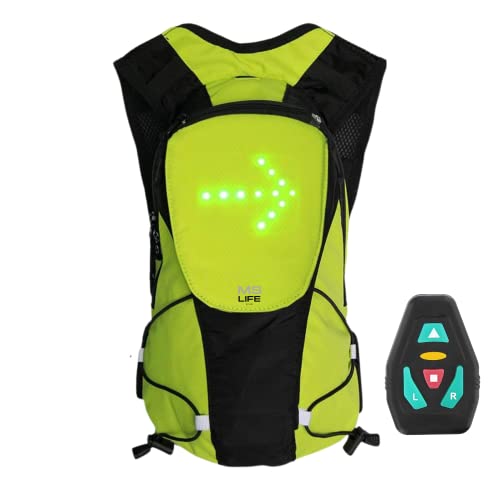 MS Life - Mochila reflectante, ligera, 5 l, USB recargable, indicador de dirección de la señal, inalámbrica, LED para hacer bicicleta de noche, impermeable, bicicleta o patinete., verde, L